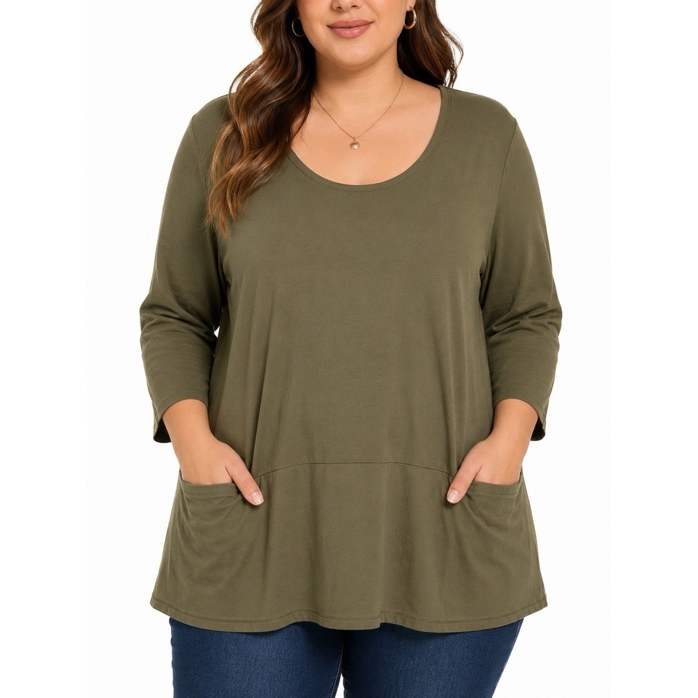 Pure Jill Womens Plus XL Curved Seam Tunic Top Olive Green 100% Pima Cotton